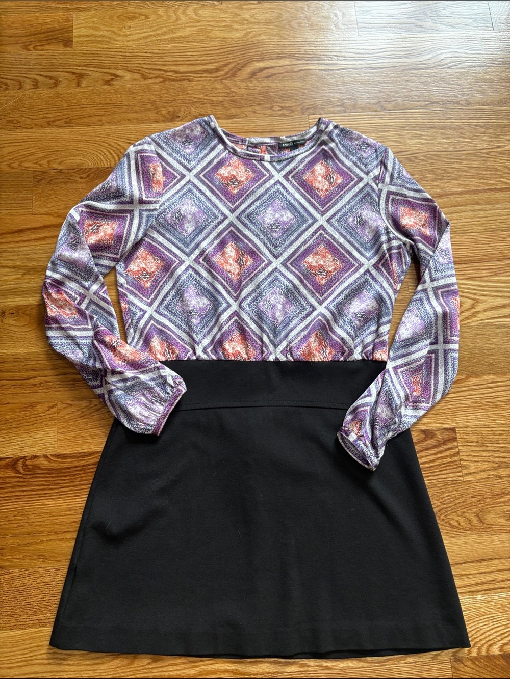 MNG by Mango Purple Geometric Print black Long Sleeve mini Dress satin / ponte 8